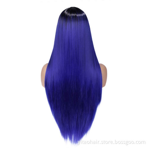 Ombre Blue Wig Long Straight Colored Synthetic Hair Wigs for Black Women Natural Heat Resistant Party Cosplay Costume Wig
